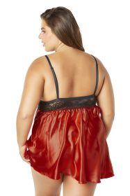 Lace Cup Satin Empire Body Babydoll With Contrast Color Piping + G-String - Black/red - 3x4x