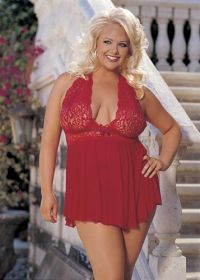 Stretch Mesh & Lace Babydoll With Bow (Color: Red, size: Queen Size)